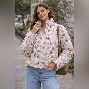 Women's Floral Puffer Jacket - White and Pink